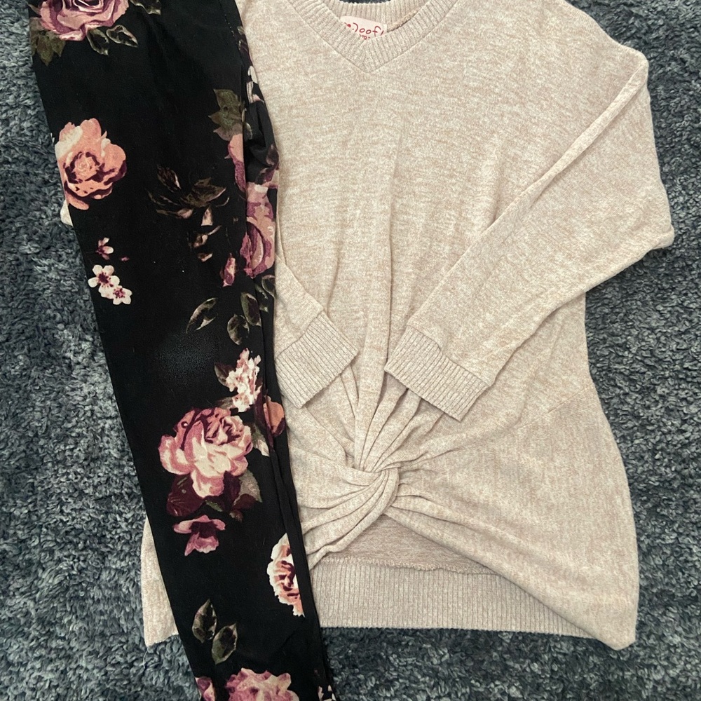 Cozy Beige Lightweight Sweater and Floral Leggings Matching Set